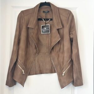 VEX Jacket Crop Toasty Brown Vegan Leather Gold Zip Accent Open NWT Sz 38 M